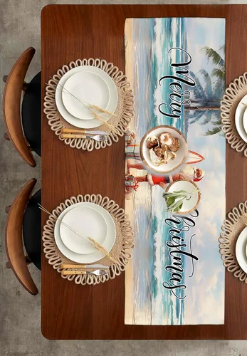 Vista 3 de Camino de mesa de verano de Navidad de 36 pulgadas, corto, de lino de algodón, cocina, comedor, mesa de café, decoración de tocador, camino de mesa