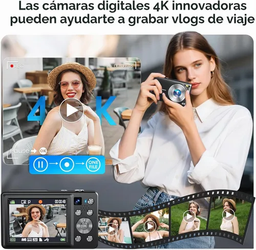 Vista 2 de Cámara digital 4K, cámara de videoblogs de 64 megapíxeles con enfoque automático y lente dual, zoom digital 16X, cámara compacta de YouTube