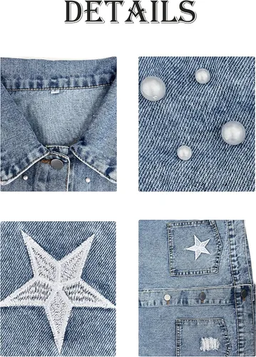 Vista 7 de Esmeling Chaqueta vaquera con perlas recortadas para mujer, diseño de estrellas, con bordado de estrellas