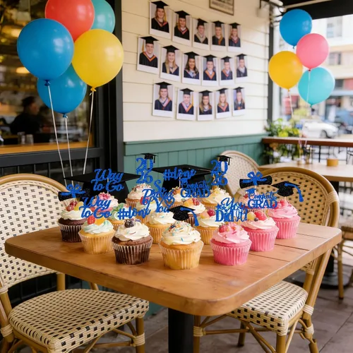 Vista 5 de Decoraciones de graduación 2026 azul, adornos para cupcakes de graduación 2026 azul y negro, suministros de decoración para cupcakes clase de 2026