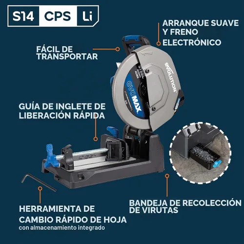 Vista 11 de Evolution S14CPS-Li - Kit de carga Sierra de corte de metal inalámbrica de 14 pulgadas Motor sin escobillas de 40 V Hoja de carburo EVOMAX