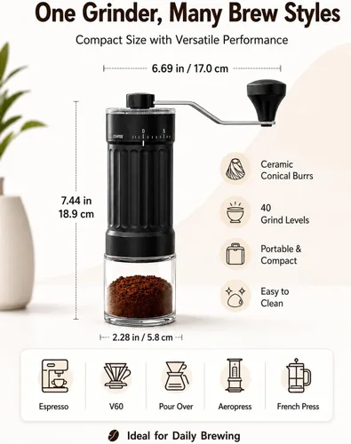 Vista 7 de Molinillo de café manual con rebabas de cerámica, 40 ajustes ajustables para expreso, V60, verter, campamento y viajes
