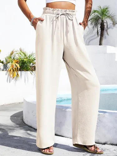 Vista 2 de Pantalones de pierna ancha para mujer, estilo casual, holgados, cintura alta, con cordón, palazzo fowy nudo de corbata, pantalones de descanso