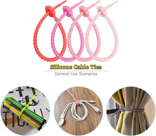 Vista 4 de 20 bridas de silicona reutilizables para cables, organizador de cables de silicona reutilizables, correas para cables, ataduras multiusos