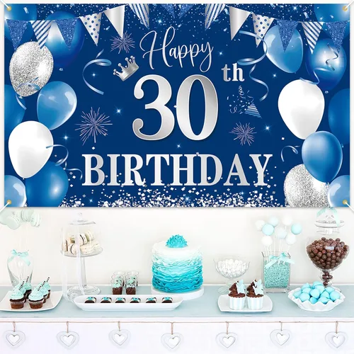 Vista 4 de Telón de fondo de pancarta de 30 cumpleaños, decoraciones de feliz cumpleaños de BTZO 30, fondo de fotos de tela azul plateada para hombres