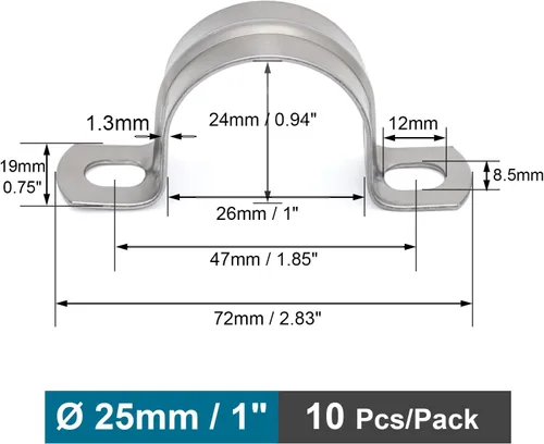 Vista 2 de Abrazaderas de Conducto SS304 de 1 Pulgada, Soporte de Tubería de 2 Agujeros Abrazadera en U para Cable/Tubería de Agua/Tubería, Abrazadera