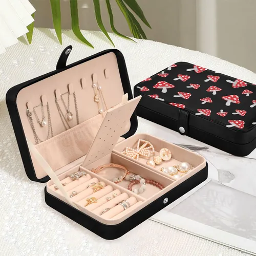 Vista 5 de Joyero con estampado de hongos para mujeres y niñas, organizador de viaje de joyería de piel sintética, estuche de joyería pequeño portátil, soporte