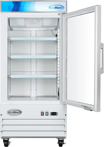 Vista 3 de KoolMore 66 cm. Refrigerador vertical comercial para exhibición con una puerta de vidrio blanco - 9 pies cúbicos (MDF-1GD-9C-WH)