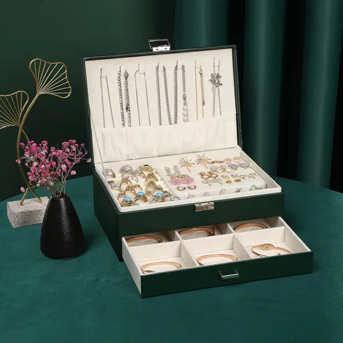 Vista 3 de JACIEYU Joyero grande y organizador de anillos para niñas, exquisitas cajas de joyería de viaje de cuero, aretes, collares, pulseras y organizadores