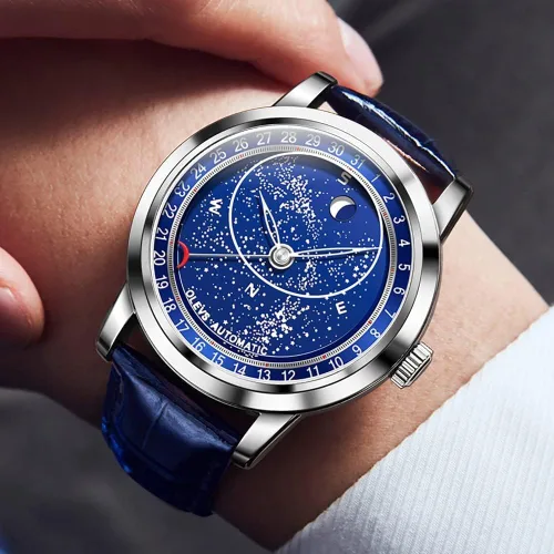 Vista 3 de OLEVS Reloj para hombre esfera de cielo estrellado Universo de Vía Láctea cuerda automática correa de cuero azul vestido de moda impermeable
