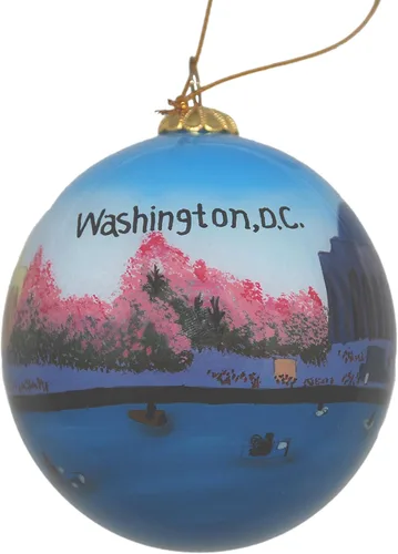 Vista 2 de Ornamento de Navidad de cristal pintado a mano - Washington D. C. - Jefferson Memorial con flores de cerezo