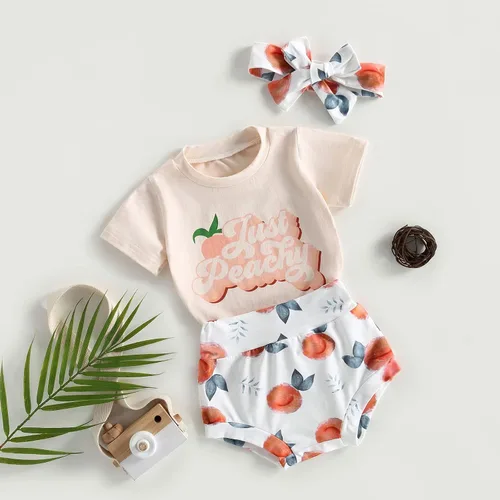 Vista 6 de Conjunto de pantalones cortos para bebé niña, camiseta de manga corta con estampado de letras, camiseta y pantalones cortos, diadema de 3 piezas