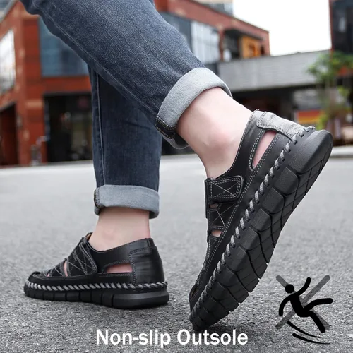 Vista 7 de MAIZUN Sandalias de cuero para hombre con puntera cerrada, zapatos de pescador de playa, sandalias deportivas de verano al aire libre