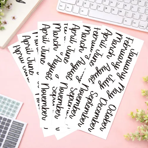 Vista 6 de Epakh 12 hojas de calcomanías para planificador mensual, calcomanías escritas a mano con pinzas para codo, calendario mensual para planificadores
