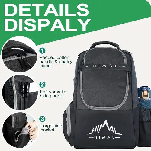 Vista 2 de HIMAL HIMAL Disc Golf Bag, 22+ Discs Lightweight Backpack Durable Disc Golf Backpack, Large Capacity, Multiple Storage Pockets, Padded Straps