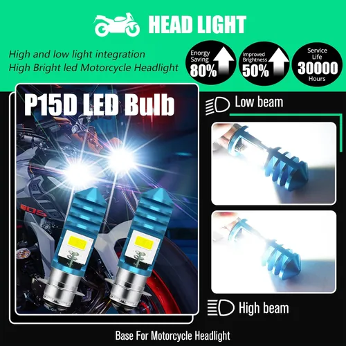 Vista 2 de 2 piezas 9-48V Bombillas LED para ATV Blancas, 1800LM Haz Alto-Bajo 4COBs H6M P15D Bombillas LED para Motocicleta, Yamaha, ATVS YFM350 450 400 660
