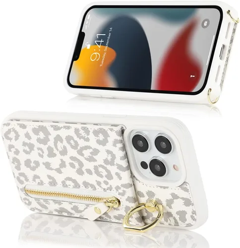 Vista 5 de Funda para iPhone 13 Pro Max con tarjetero y correa para mujer, bolsa cruzada con soporte de anillo con cremallera para monedero Apple13promax