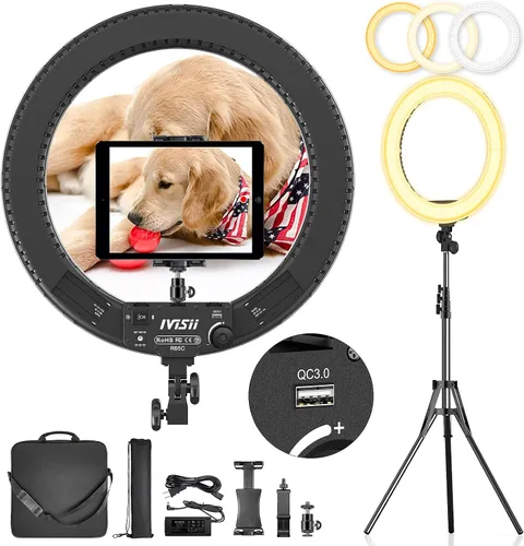 Vista 9 de Anillo de luz de 18 pulgadas con soporte, 60 W bicolor 3000-5800K anillo de luces profesionales con trípode para maquillaje Vlog, anillo grande