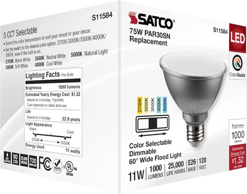Vista 8 de Satco S11584; LED PAR30SN de 11 vatios; base media; acabado plateado; CCT seleccionable; 120 voltios; ángulo de haz de 60 grados