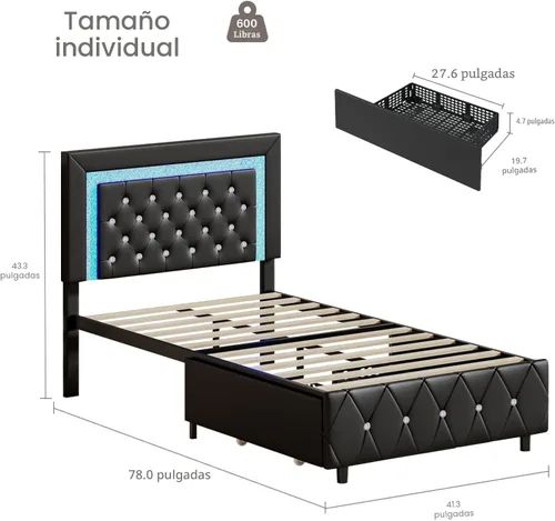 Vista 2 de BarnFurin Marcos de Cama Individual con Luces LED y Cajones de Almacenamiento, Marco de Cama Tapizado con Cabecera de Diamante, Cama de Plataforma