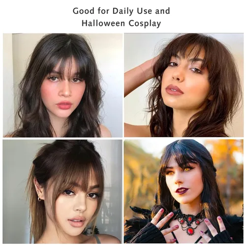 Vista 7 de Flequillo con clip, cabello humano real, flequillo natural con flecos y patillas laterales, postizo de cabello castaño medio Marrón medio