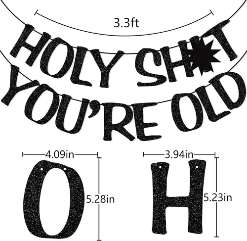 Vista 2 de Cartel de Holy You're Old con purpurina negra para 30, 40, 50, 60, 70, 80, 90, divertido cartel de cumpleaños, banderines, decoración de fiesta