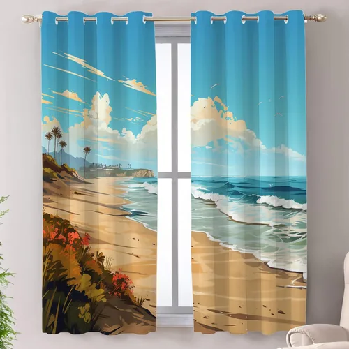 Vista 29 de Shrahala Beach Scenery Blackout Curtain Tiers, Coastal Landscape Kitchen Valance Light Blocking Tier Drapes with Rod Pocket, 2 Pack 26 X 24 in Blue1