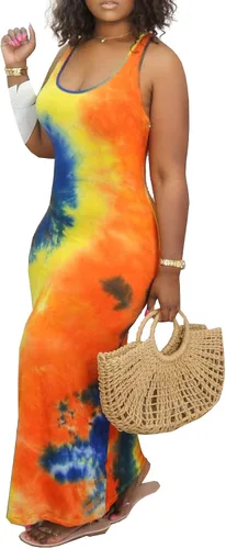 Vista 3 de LAJIOJIO Vestido largo sin mangas para mujer, sin mangas, liso, casual, fruncido, bodycon