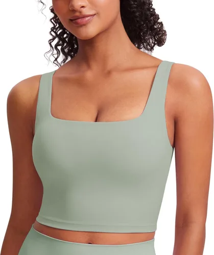 Vista 14 de CRZ YOGA Butterluxe Square Neck Crop Tank Top Brasier integrado, soporte ligero, almohadillas extraíbles, yoga, extremadamente suave, tirantes