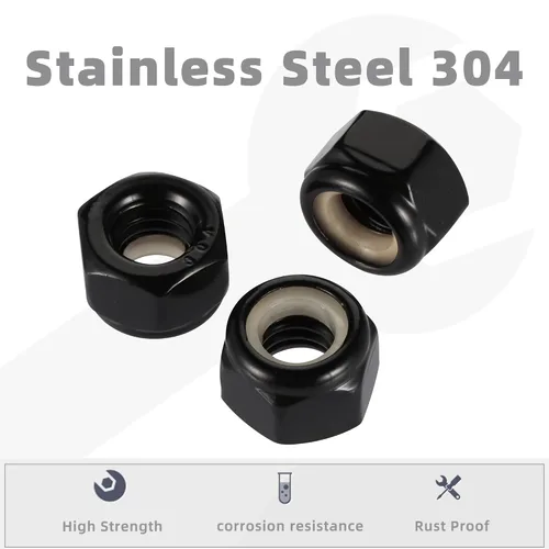 Vista 2 de Tuerca de bloqueo hexagonal de nailon 1/2-13, tuercas de seguridad de acero inoxidable 304 18-8 óxido negro, paquete de 10