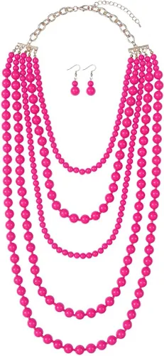 Vista 3 de RIAH FASHION Collar de burbujas con cuentas múltiples, cuello redondo grueso con babero jaspeado, 7 capas de largo