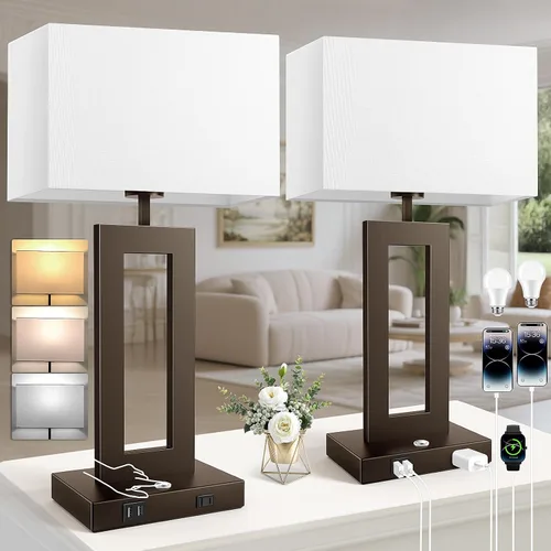 Vista 10 de Kondras Juego de 2 lámparas de mesa para dormitorios, 3 temperaturas de color, control táctil, lámparas de noche con 2 puertos USB y salida de CA