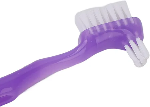 Vista 8 de Cepillo de dientes para dentaduras postizas, pelo suave, seguro de doble cara para viajes en casa (morado)
