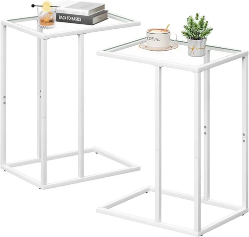 Vista 11 de Mesa auxiliar de cristal en C, mesa auxiliar para sofá, mesa auxiliar de vidrio templado con marco de metal, mesa de bandeja de TV para espacio Negro