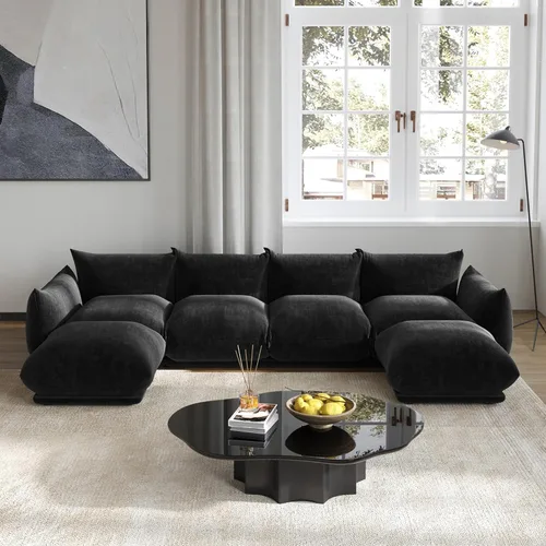 Vista 13 de Sofá de nube de asiento profundo de 77 pulgadas, moderno sofá modular de chenilla, sofá modular de 2 asientos con cojines gruesos de felpa y otomana