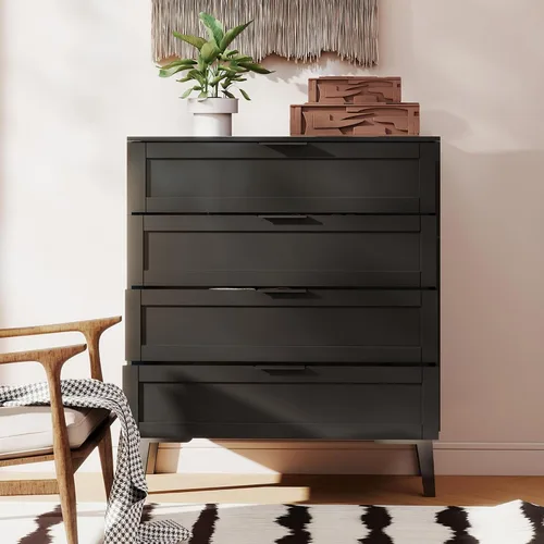 Vista 3 de TaoHFE Cómoda negra de 4 cajones para dormitorio, cómoda de lencería de madera para dormitorio, moderna cómoda negra de 36 pulgadas de alto