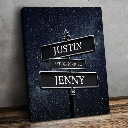 Vista 73 de CP CANVASPATH Letrero de calle con el nombre de la pareja y la fecha, impresiones personalizadas en lienzo del puente de Manhattan por la noche