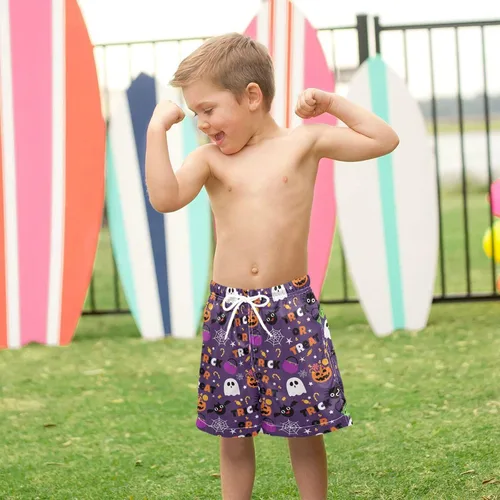 Vista 4 de Traje de baño morado de Halloween para niños, traje de baño para playa, pantalones cortos para bebé, pantalones cortos de tabla para vacaciones