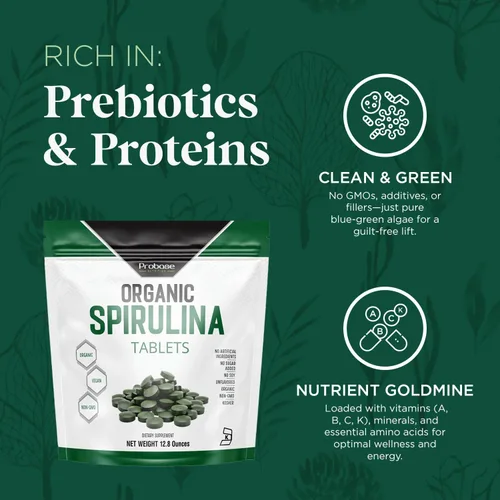 Vista 4 de Probase Nutrition Suplemento orgánico de espirulina, 3000 mg por porción, 720 tabletas (suministro de 4 meses), sin relleno y sin OMG, rico