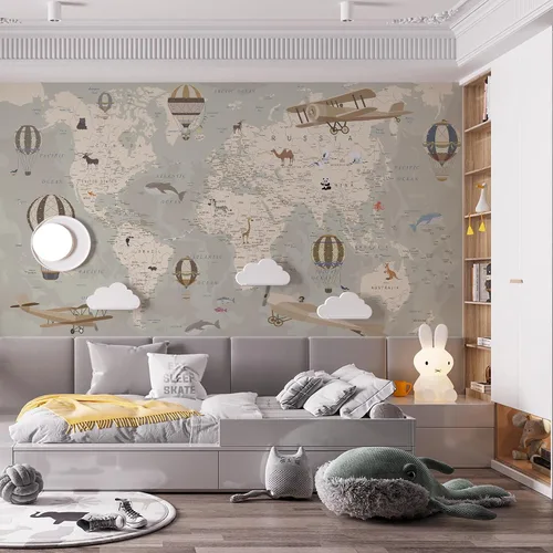 Vista 9 de Papel tapiz infantil con diseño de mapa del mundo con animales - Mural