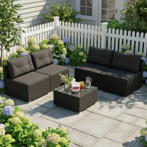 Vista 27 de Tangkula Juego de 2 sofás de mimbre para exteriores, sin brazos, juego de sofá modular de ratán para patio con 2 cojines de asiento gruesos y 2