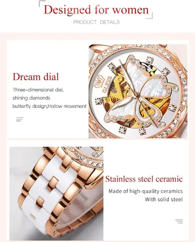 Vista 5 de OLEVS Relojes automáticos de oro rosa para mujer diseño de esqueleto mecánico de cuerda automática elegante vestido de lujo para mujer con diamantes