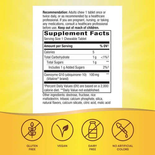 Vista 5 de Nature's Way SMART Q10 CoQ10, apoya la salud del corazón y la energía celular*, sabor a frutas tropicales, 100 mg por porción, 30 tabletas