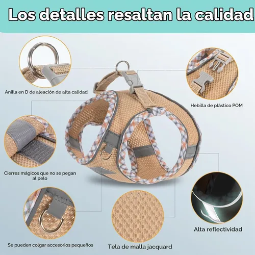 Vista 3 de Juego de Arnés y Correa para Perro - Arnés Sin Tirones Suave y Transpirable para Perros Pequeños, Chaleco Reflectante Ajustable Step-in para Caqui
