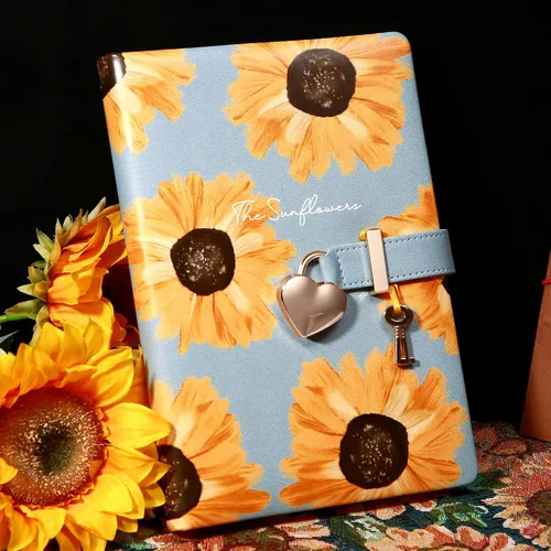 Vista 4 de Diario infantil de cuero sintético con candado y llave, agenda de viaje, agenda, cuaderno secreto de notas para mujer, 5.3 x 8.4 pulgadas, girasol
