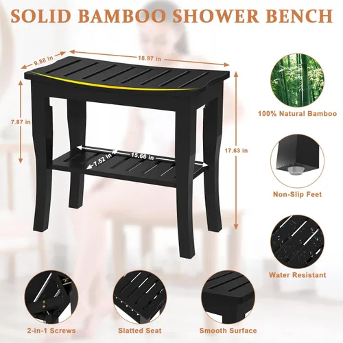 Vista 6 de Domax Bancos de ducha de bambú para ducha interior, asiento de banco de baño, taburete de ducha de madera impermeable con estante de almacenamiento