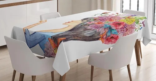 Vista 4 de Ambesonne Mantel de libélula romántica en forma de taza, estampado de flores vibrantes pastel y libélulas maduras, cubierta de mesa rectangular