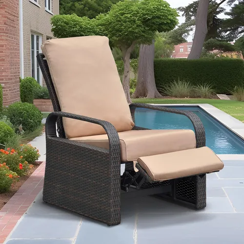 Vista 17 de Silla reclinable de aire libre para patio, resina de mimbre con cojines amortiguadores, auto ajustable, sofá de ratán, UV/Fade/Resistente al Mimbre