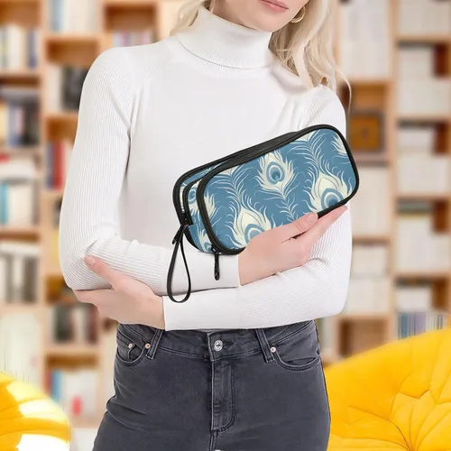 Vista 7 de Nylon Large Zippered Pencil Bag Retro Peacock Turquoise Design Large Capacity Big Pencil Case With Zipper Stationery for Office Man estuche