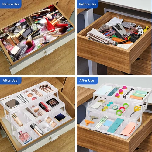 Vista 6 de Organizador de cajones inteligente de varios niveles, organizador de cajones de basura plegable ajustable para cocina, baño, oficina y dormitorio